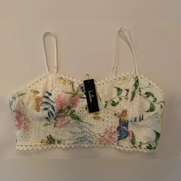 NWT Lulu's Sweet At Heart White Floral Eyelet Smocked Bustier Crop Top XL - Picture 2 of 11